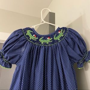 lolly wooly doodle big girls smocked alligator santa christmas dress - size 7